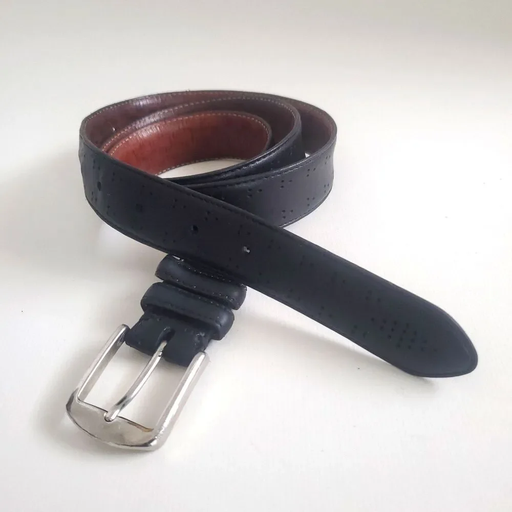 Cole Haan Men's Black Leather Belt Perforated Dress Belt 38/95 Solid Brass